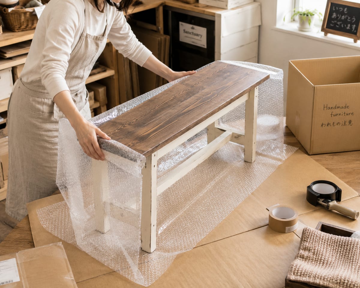 大型家具を緩衝材で丁寧に梱包している作業の写真